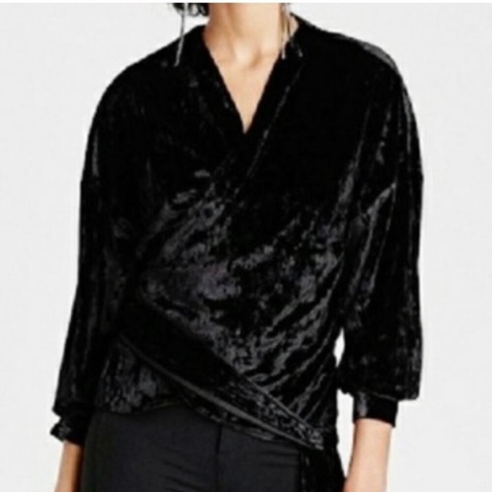 Zara Black Velvet Crossover Wrap Top with Fringe Tassels XS